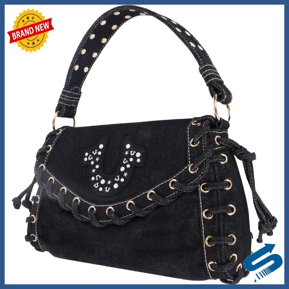 Studded Denim Flap Bag Crossbody Shoulder Handbag 4.5" Drop